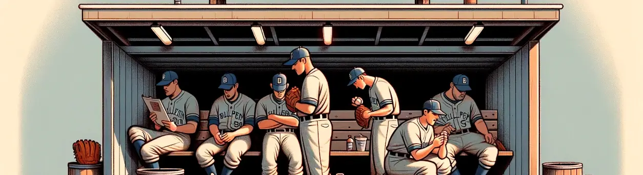 A cartoon image of baseball players sitting under a sign that reads 'Bullpen