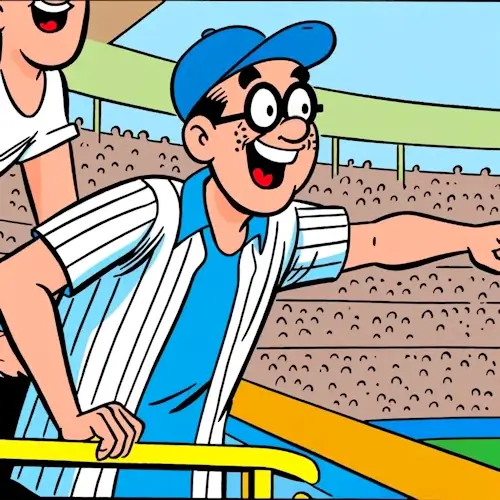 A good-natured baseball fan heckling. The fan, a middle-aged man with glasses