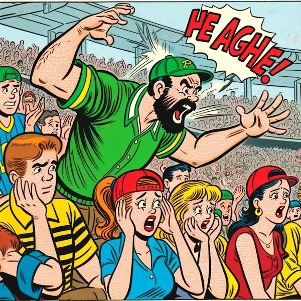 An image in the style of Archie Comics, depicting one baseball fan heckling with a cheesy joke and other fans reacting with groans