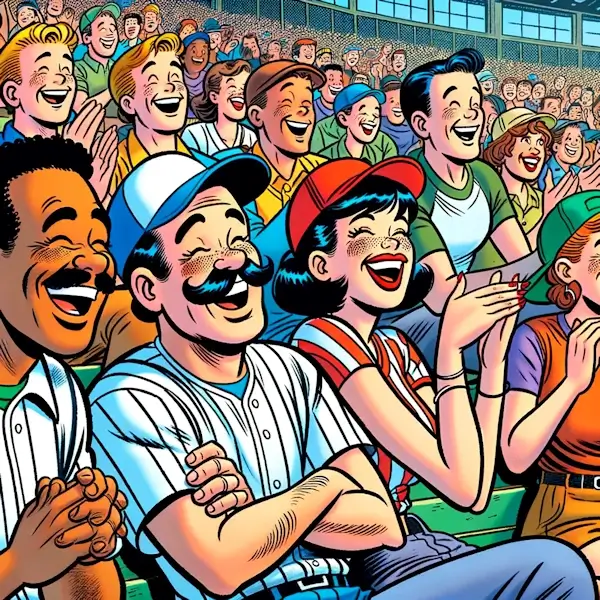 An image in the style of Archie Comics, depicting one baseball fan heckling with a cheesy joke and other fans reacting with groans